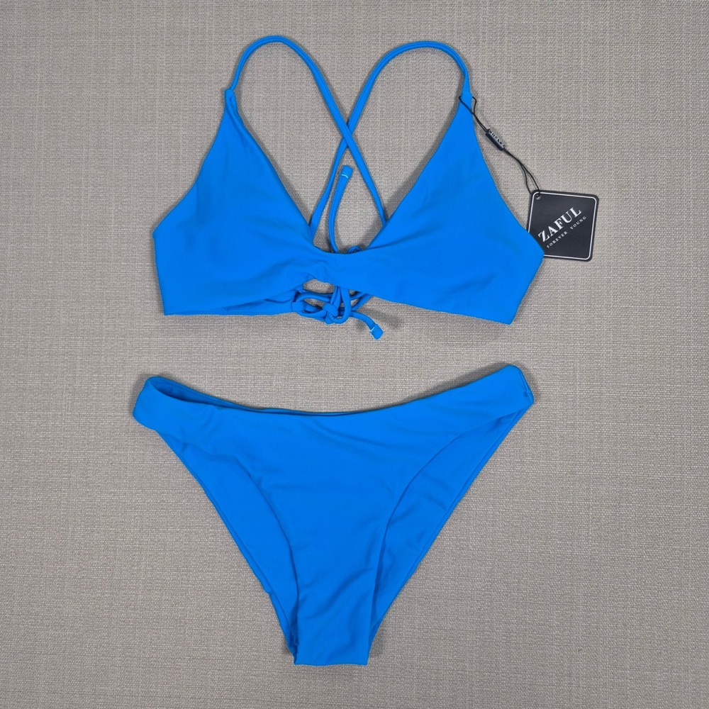 Zaful Womens Blue Lace Up Back Triangle Bikini Two Piece Swimsuit Size S NWT